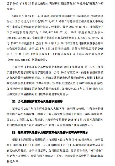 華銳風(fēng)電退市風(fēng)險(xiǎn)警示及實(shí)施其他風(fēng)險(xiǎn)警示撤銷