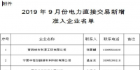 內蒙古2019年9月份電力直接交易新增準入企業(yè)名單